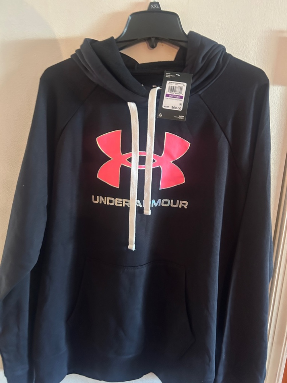 Under Armour Black Hoodie with Pink Logo and White Drawstrings